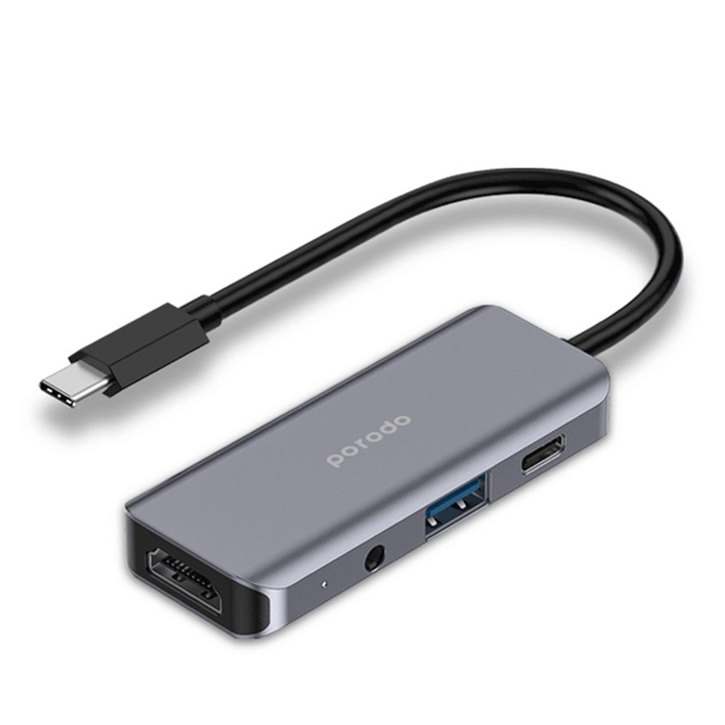 Porodo 4in1 USB-C Hub Type-C PD 100W HDMI USB 3.5mm Aux (PD-41CHB-GY)